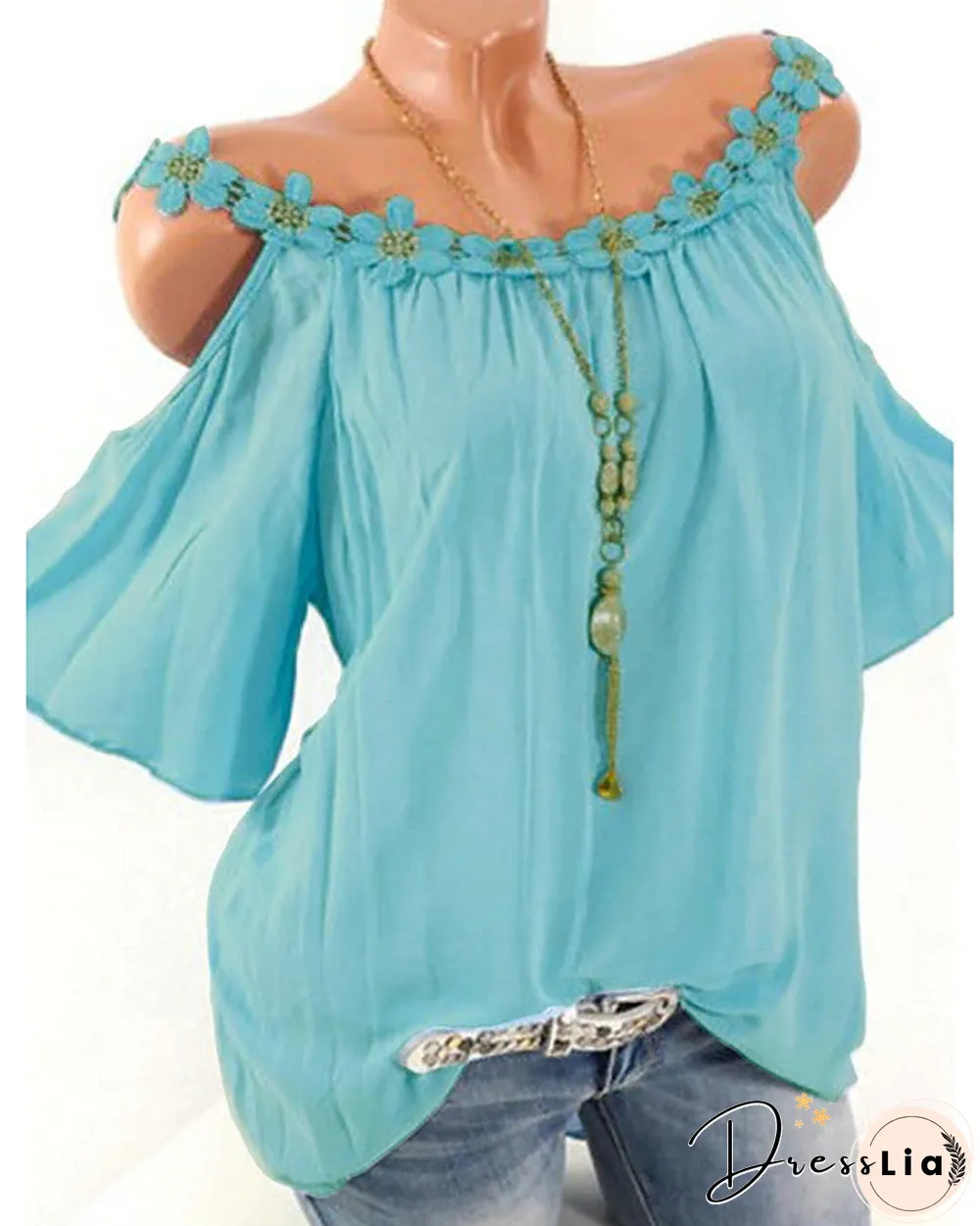 Women's T-shirt Solid Colored Lace Fashion Off Shoulder Round Neck Tops Basic Top White Blushing Pink Green-828