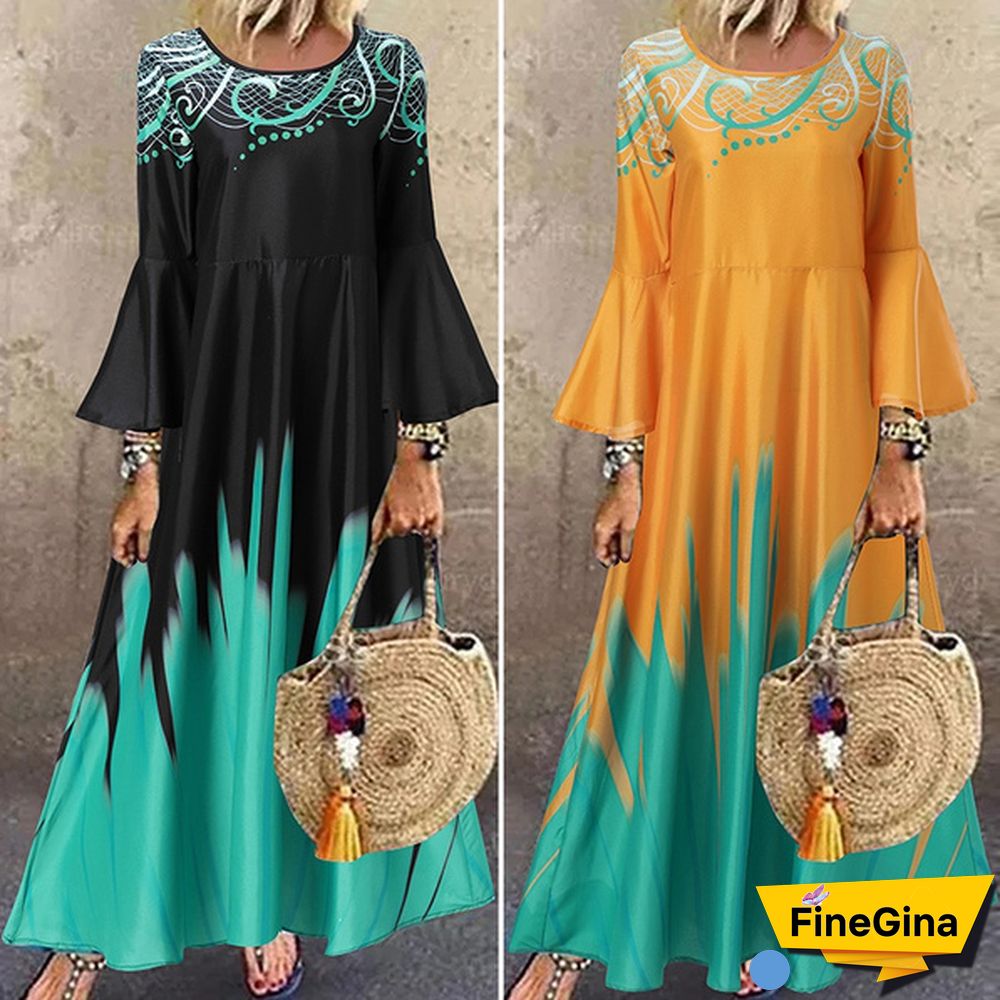 Women Kaftan Party Color Printed Long Shirt Dress Casual Flare Sleeve O Neck Slim Maxi Sundress
