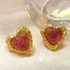 Heart Shape Natural Pink Stone Golden Earrings