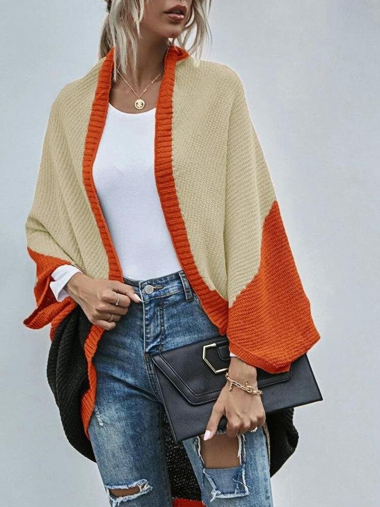 Contrasting Shawl -Colored Knitted Cardigan Sweater Jacket