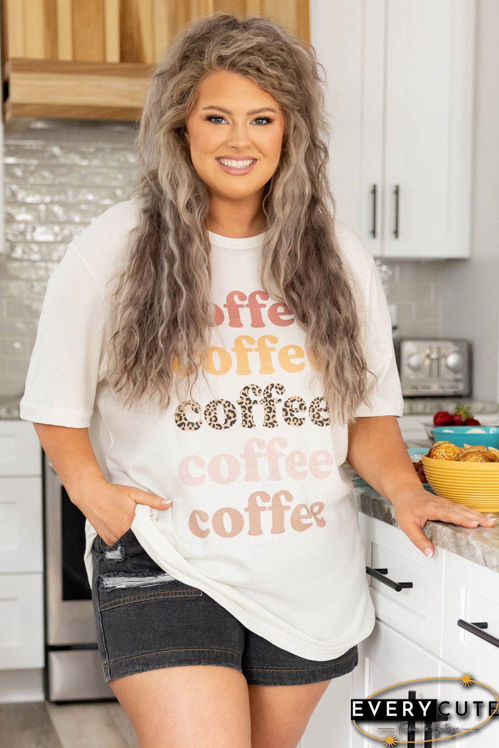 Beige Coffee Letter Print Vintage Plus Size T-shirts