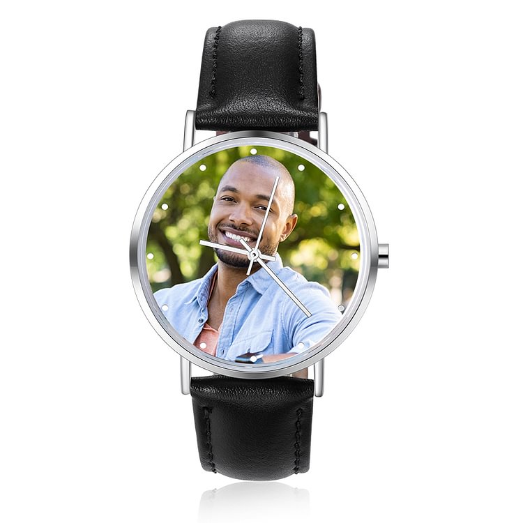 Photo Engraved Watch Black Leather Strap Silver Dial Waterproof