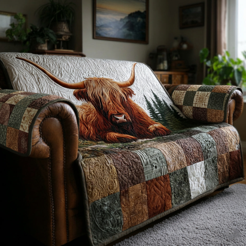 Wilderness Highland Cow Quilted Sofa Cover NCU0HH1183 everthome