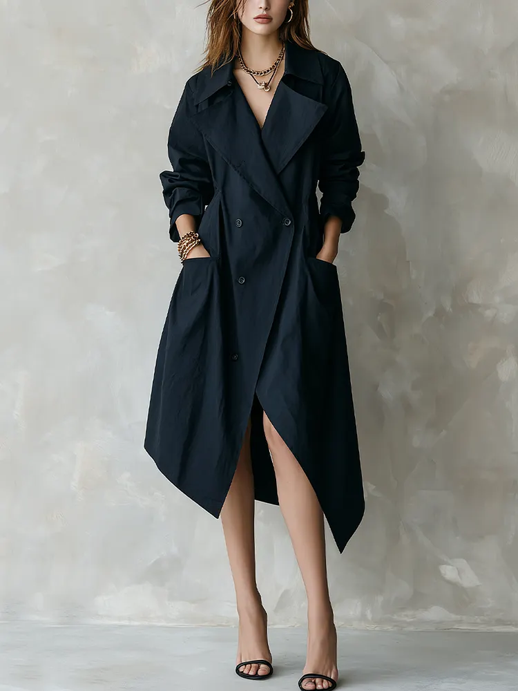 Bohemian Navy Blue Double-breasted Trench Coat