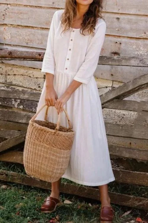 Women's Linen Dresses O Neck Button Half Sleeve Dress