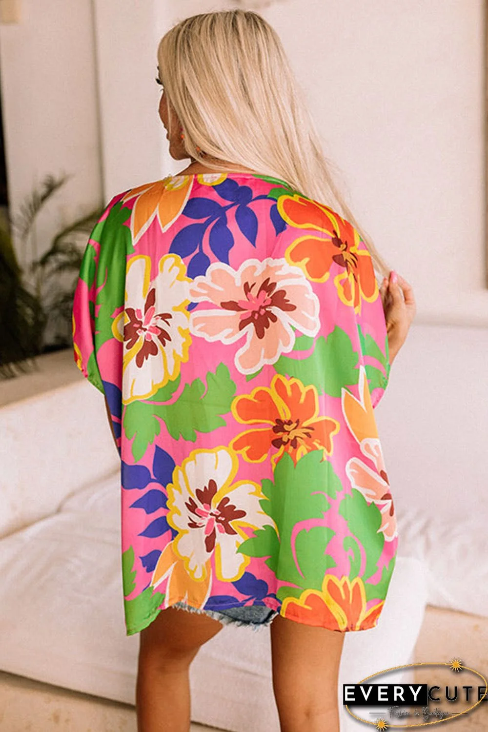 Pink Floral Print Loose Fit V Neck Tunic Blouse