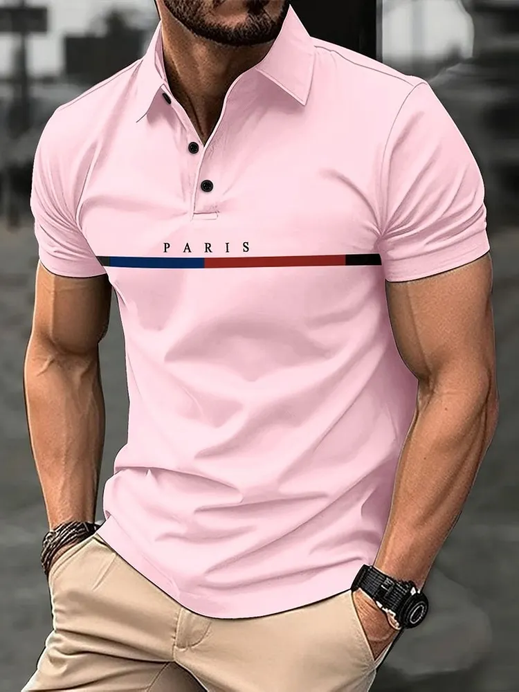 Men's Knit Polo Shirt Short Sleeve Top with Letter Graphic