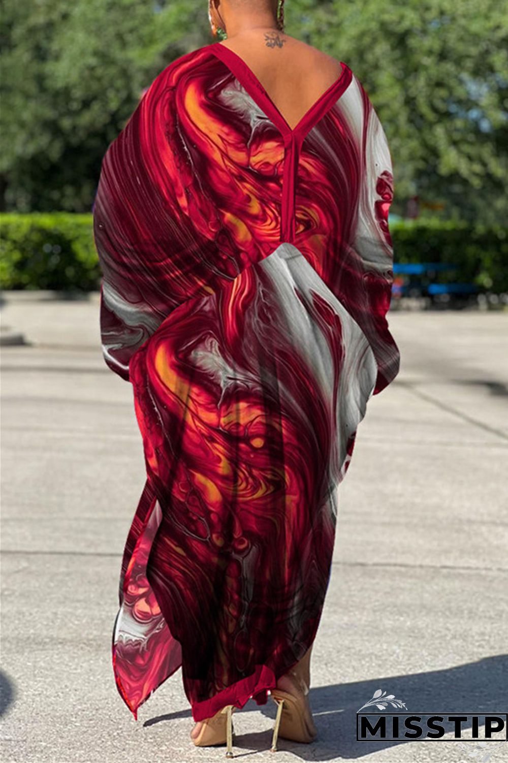 Red Gray Casual Print Patchwork V Neck Irregular Dress Plus Size Dresses