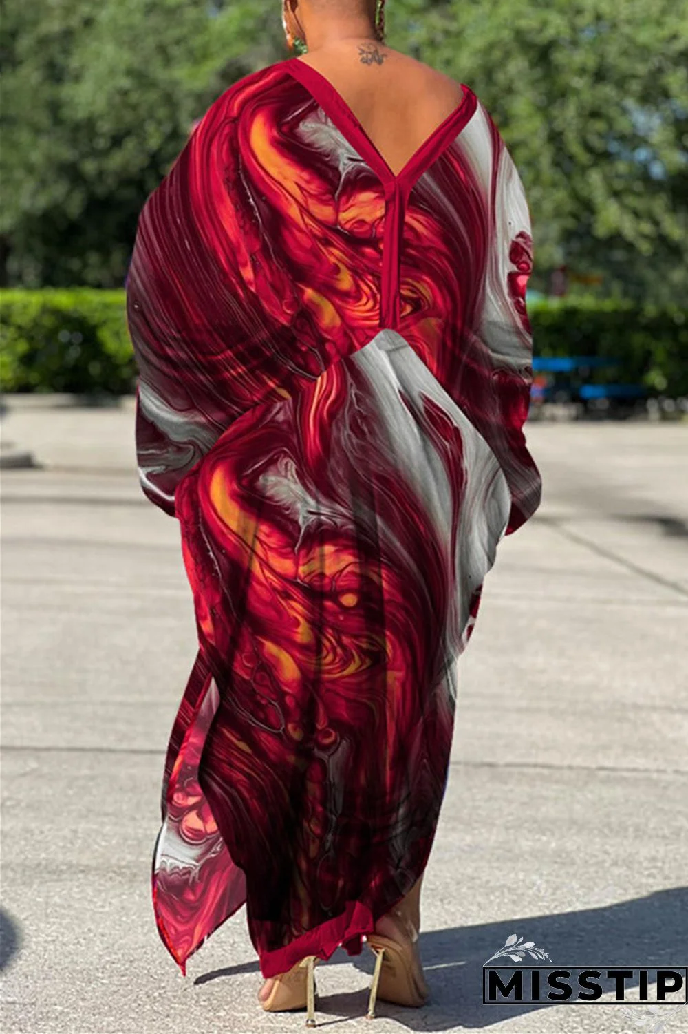 Red Gray Casual Print Patchwork V Neck Irregular Dress Plus Size Dresses