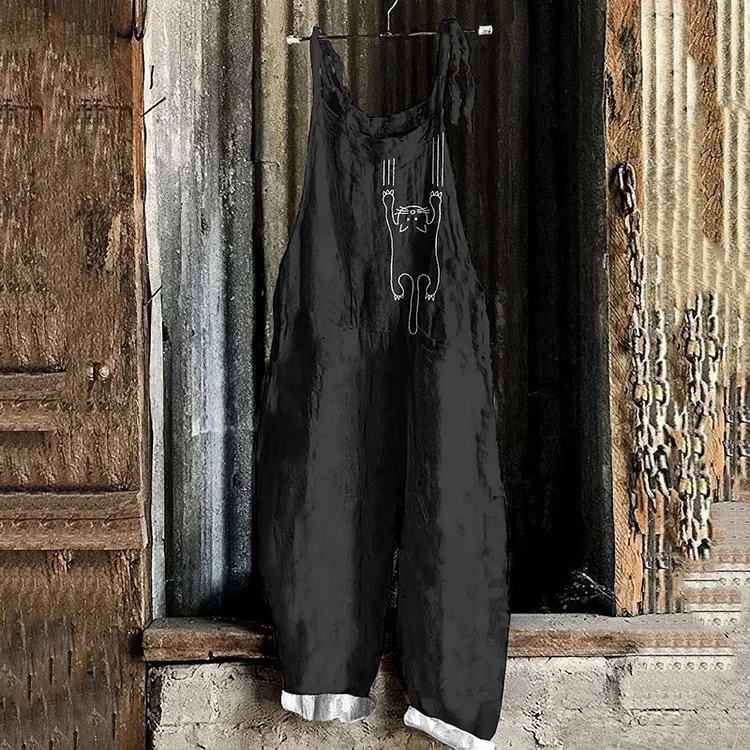 Vintage Cute Cats Art Linen Blend Loose Casual Jumpsuit