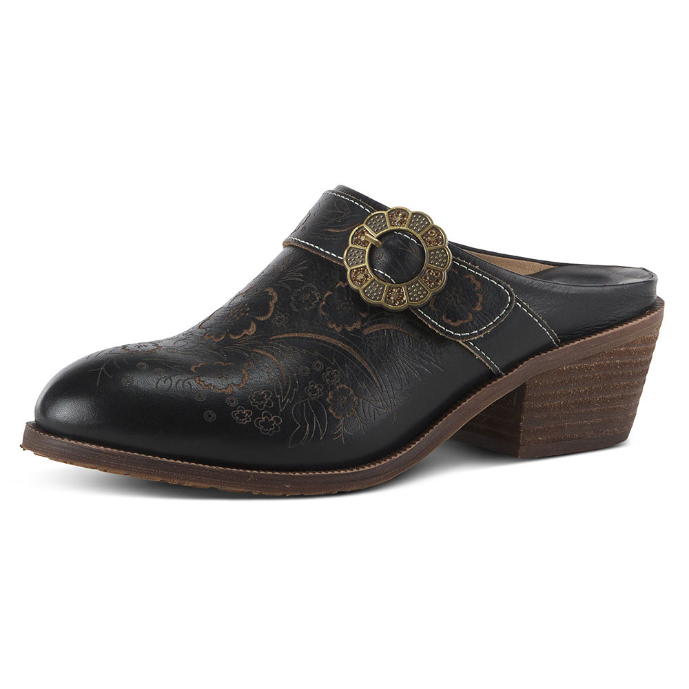 Floral Print Round Toe Block Heel Black Womens Western Mules Nicepairs