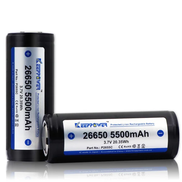 KeepPower 26650 5500mAh 3.7V  Protected Button Top Rechargeable Battery (pack of 2)