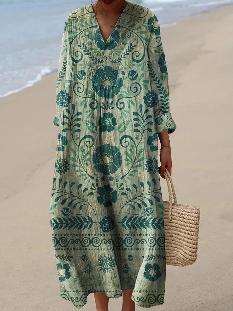 Women's Vintage Lovely Floral Art Print Flowy Dress