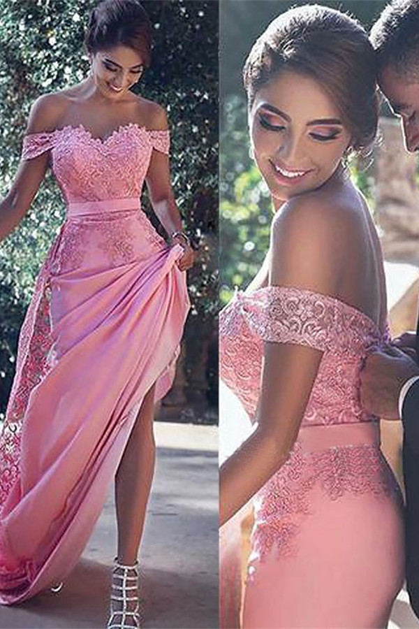 Luluslly Off-the-Shoulder Candy Pink Prom Dress With Lace