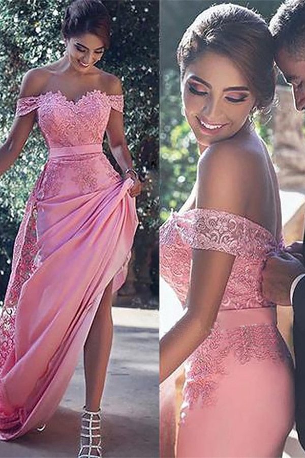 Gorgeous Off-the-Shoulder Candy Pink Evening Dress With Lace - lulusllly