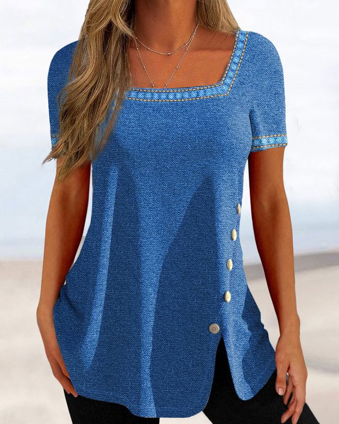 Summer Square Neck Plain Short Sleeve Button Split Tunic Tops
