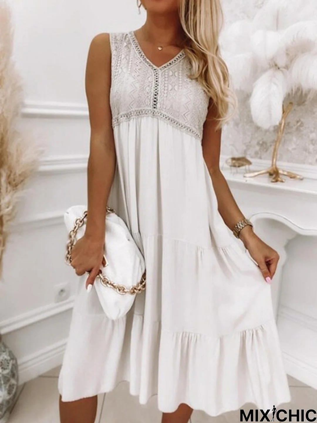 Casual Plain Loose V neck Sleeveless Dress