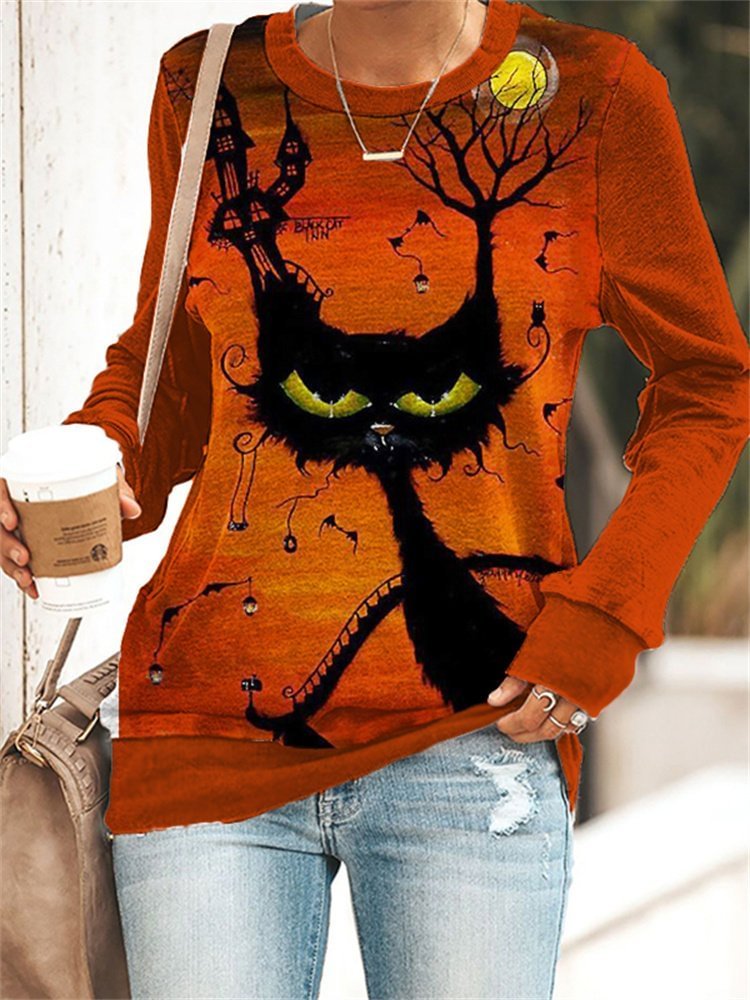 Halloween Black Cat Printed Women's Sweatshirt