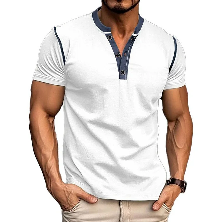 Men's Casual Color Block Henley Collar Short Sleeve T-Shirt 15527838Y