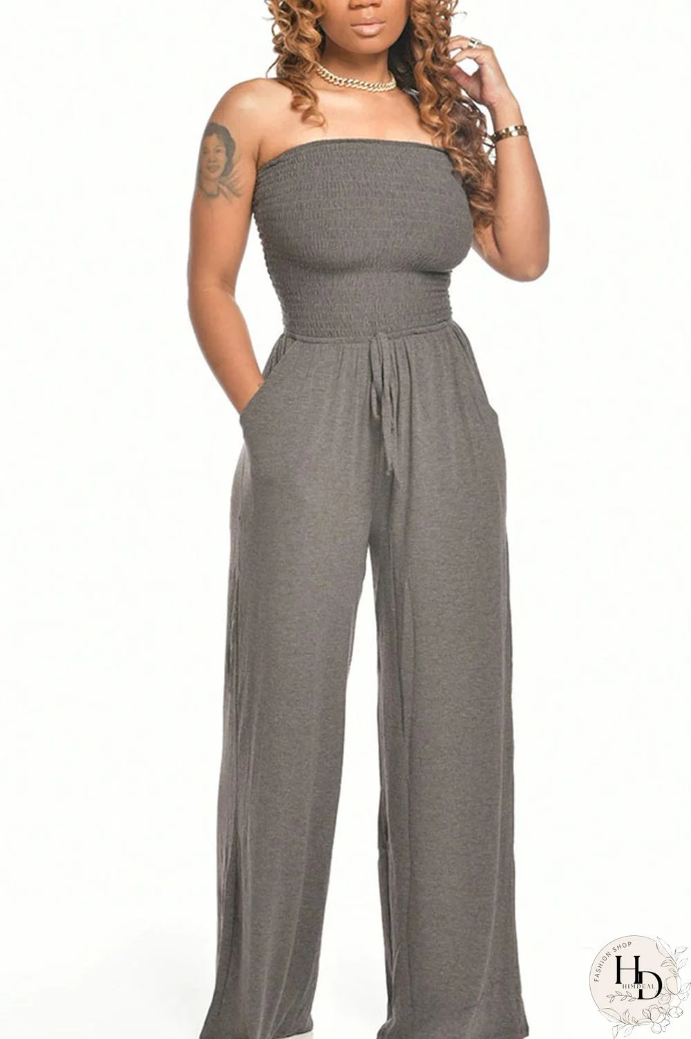 Grey Fashion Casual Solid Sleeveless Wrapped Jumpsuits