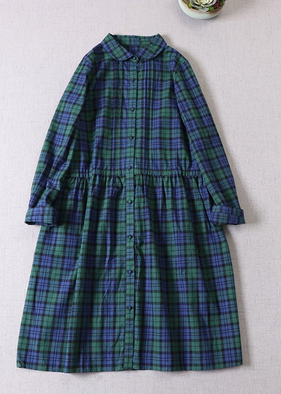 French Green Cinched Plaid Cotton Maxi Dresses Spring CK1922- Fabulory