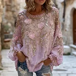Women's Vintage Pink Flower Embroidery Art Round Neck Long Sleeve T-shirt - Image 2