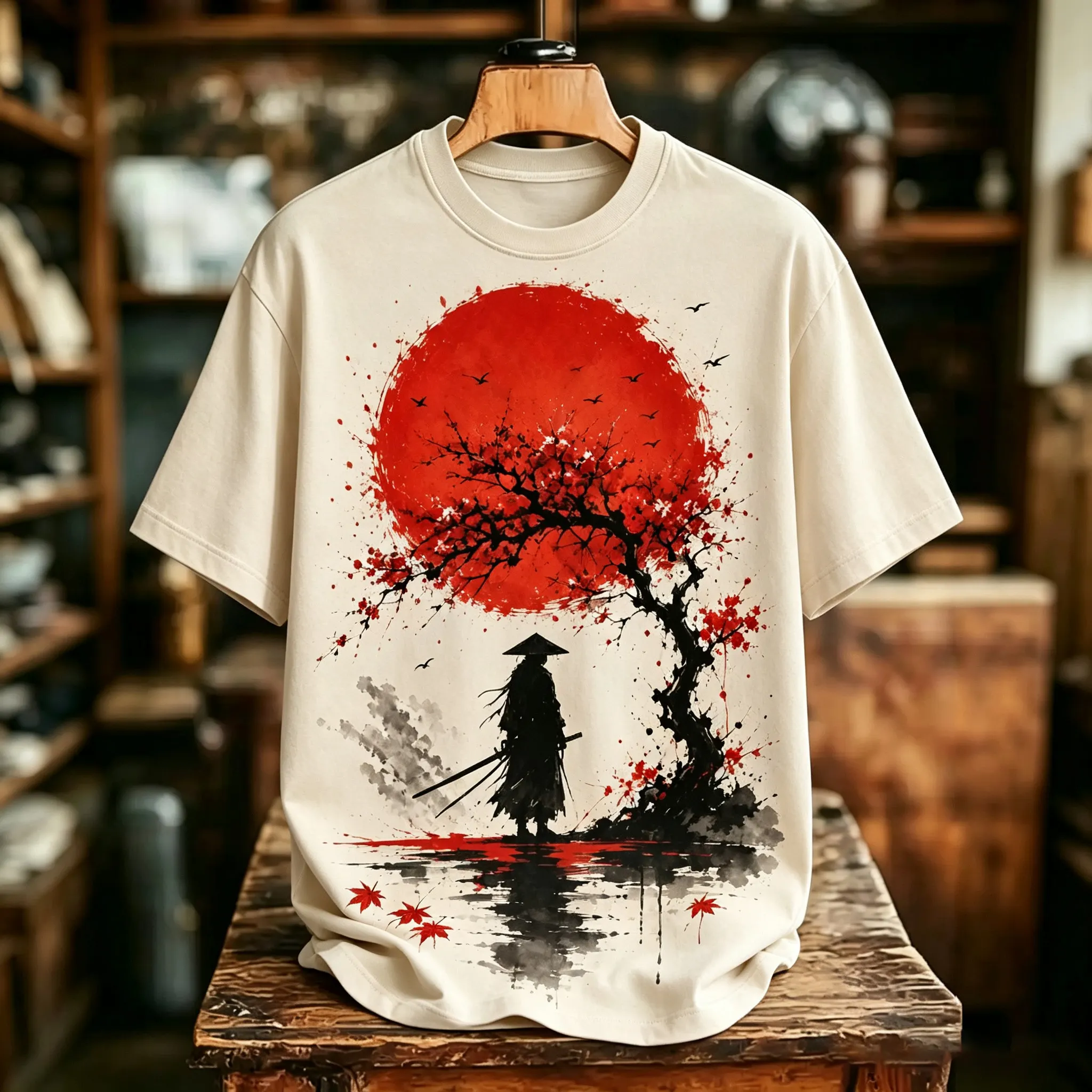Men's Retro Japanese Samurai Print Crew Neck T-shirt  artssus