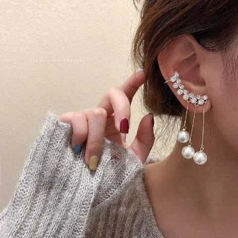 Diamond Tassel Pearl Ear Clip Integrated Non-Piercing Earrings