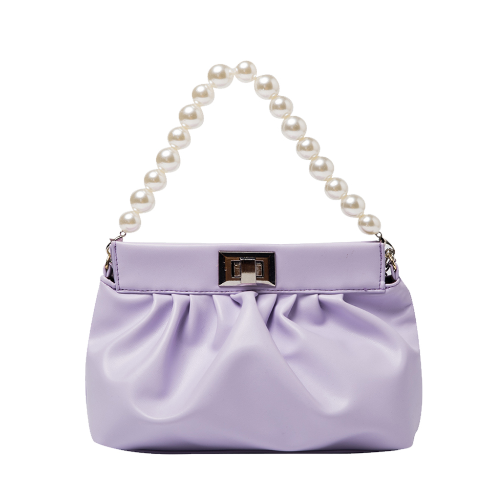 

Pearl Chain Shoulder Bag Women Solid PU Pleated Messenger Handbag -Purple, 501 Original