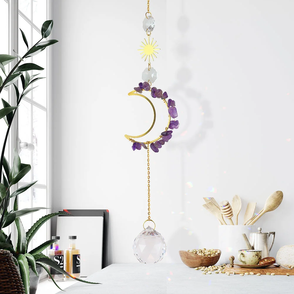 Crystal Windchime Dream Catchers Moon Flower Chandelier Home Decor (Purple)