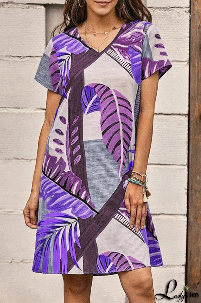 Fashion Casual Print Split Joint V Neck A Line Dresses