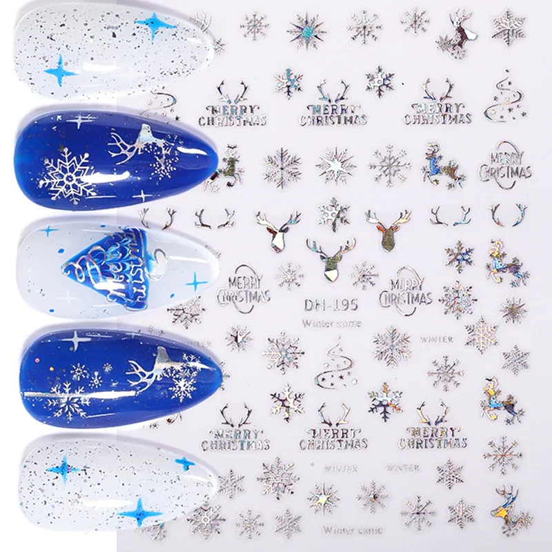 Churchf 1 Sheet 3D Christmas Nail Stickers iridescent Gold Silver Snowflake Self Adhesive Transfer Sliders For Nails Manicures Wraps