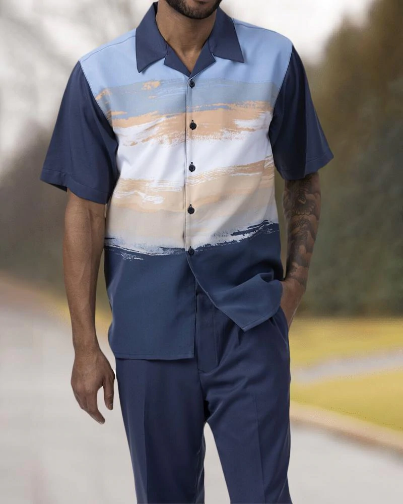 Short Sleeve Print Walking Suit Set With Long Pants