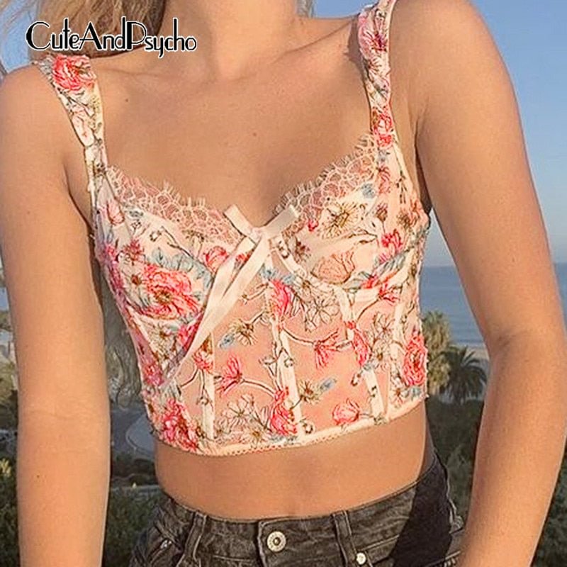 Floral Print Cute  Mesh Cropped Slim Tops Sexy Clubwear Fashion Lace Patchwork Tshirts Aesthetic 90s Tee Shirts Cuteandpsycho
