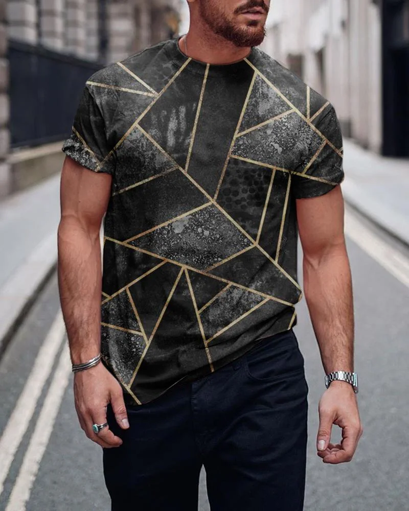 Men's Fashion Black and Gray Geometric Printed Urban T-shirt