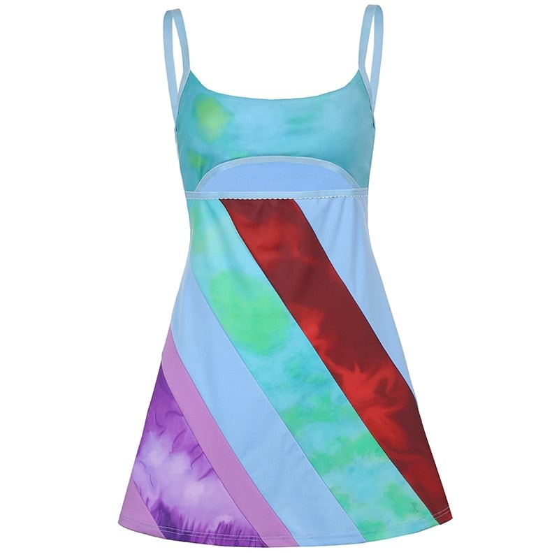 HEYounGIRL Patchwork Sleeveless Strap A Line Mini Dress Hollow Out Backless 90s Fashion Short Dresses Women Summer Party