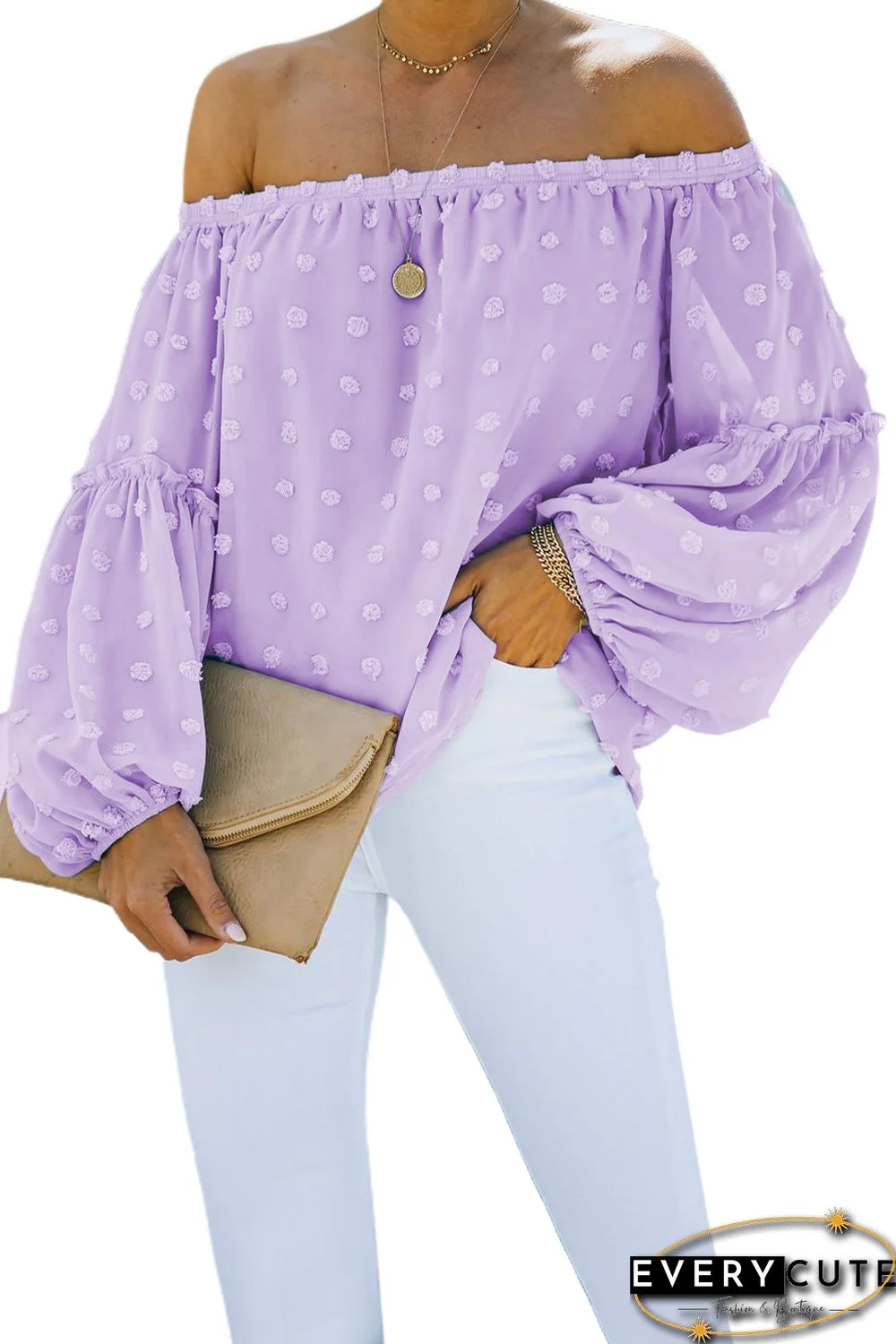 Purple Swiss Dot Off The Shoulder Blouse