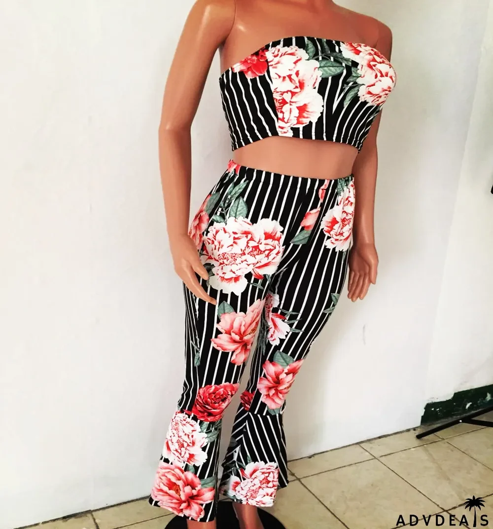 Floral Print Striped Tube Top And Pants 2 Piece Sets