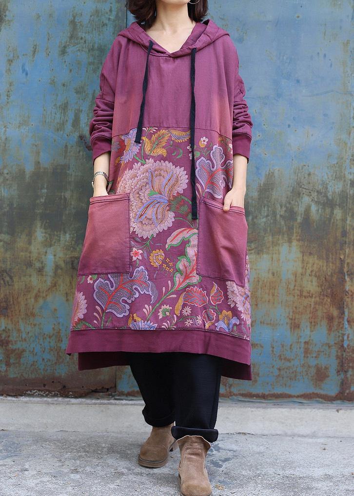VCSHOES purple cotton Tunics prints long big pockets Dress