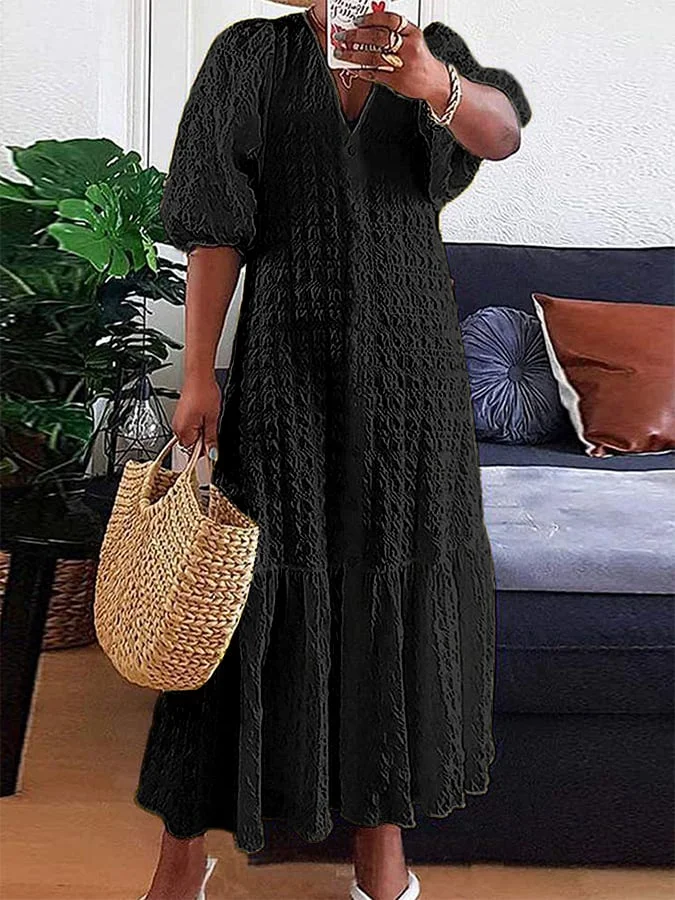 Solid V-Neck Button Pleated Casual Dress