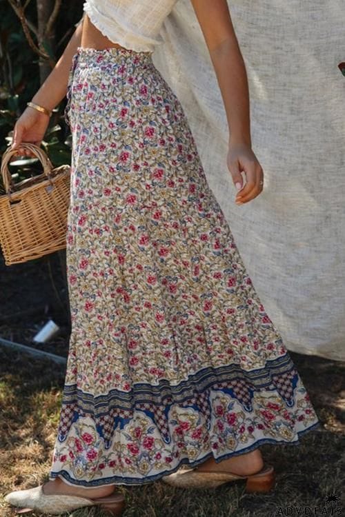 Boho Floral Print Elastic High Waist Pleated A Line Maxi Skirt