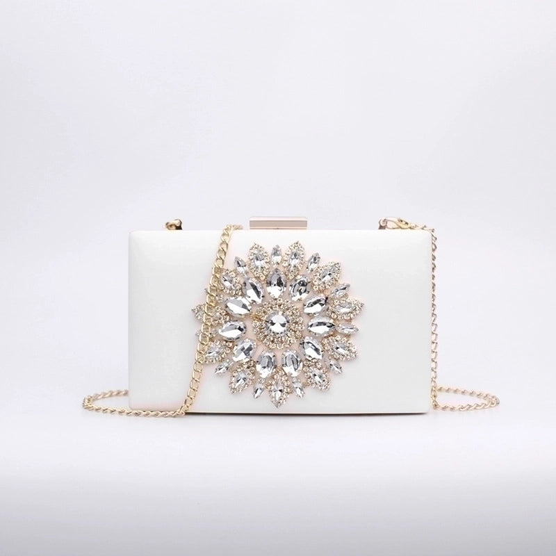 White Red Black Pu Leather Flower Rhinestone Square Evening Bags