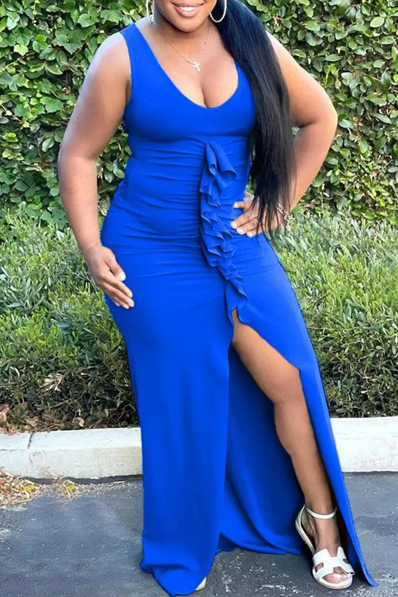 Sexy Solid Color Slit Ruched Knotted Sloping Shoulder Long Dresses