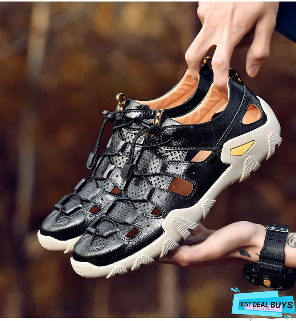 Men's Cow Genuine Leather Sandals Breathable Casual Shoes Footwear Walking Beach Sandals