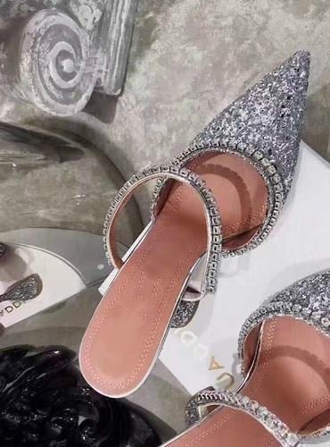 European and American Popular 2022 Summer New Dazzling Pink Crystal Sequined Spool Heels Pointed High Heels Women Slippers