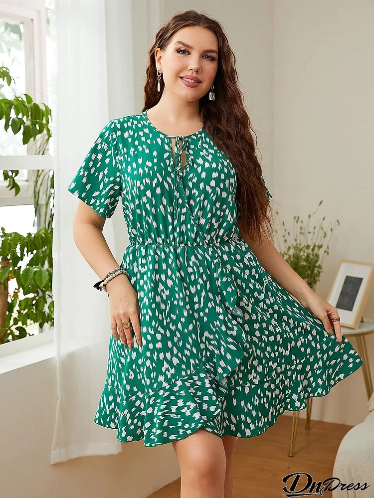 Plus Size Printed Tie Neck Ruffled Dress