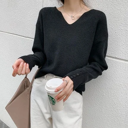 Toloer Lazy Wind Loose V-Neck Knit Sweater Female Autumn Winter New Large Size Soft Waxy Inside The Design Feeling Bottom Jacket-Outfit Ideas