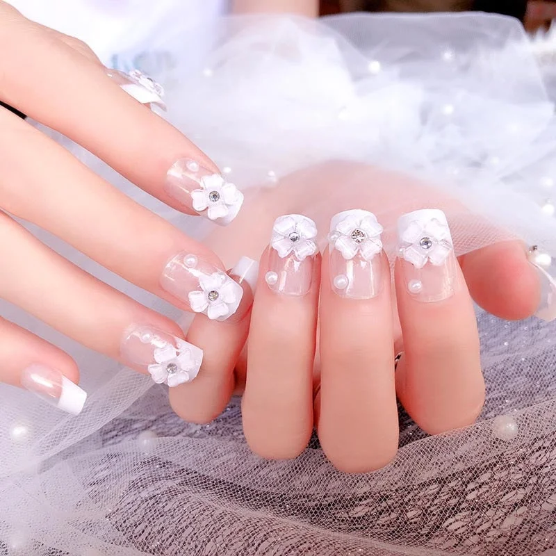 Bride Shining Rhinestone Wedding False Nails Ladies Simple Fashion French Fake Nails White Beige Acrylic Nail Tips With Glue-Nail Inspo