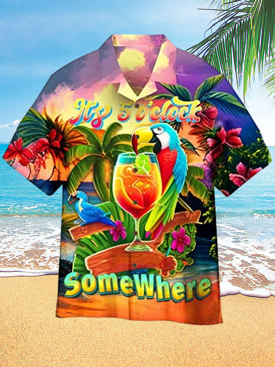 Men's Hawaiian Parrot Party Print Short Sleeve Shirt PLUSCLOTHESMAN