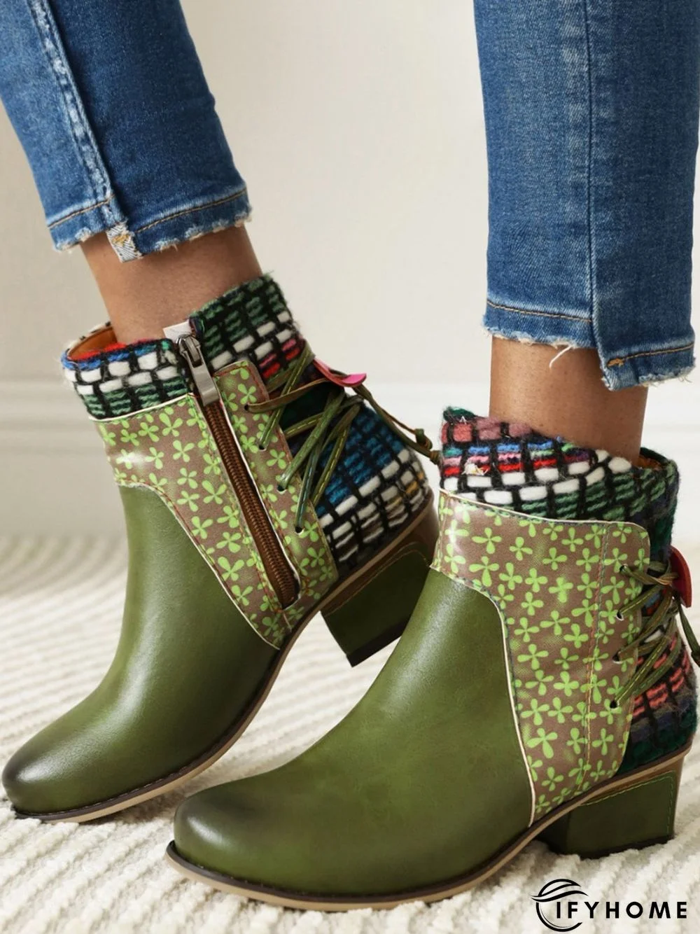 Retro Ethnic Style Stitching Pointed Toe Chunky Heel Boots | IFYHOME